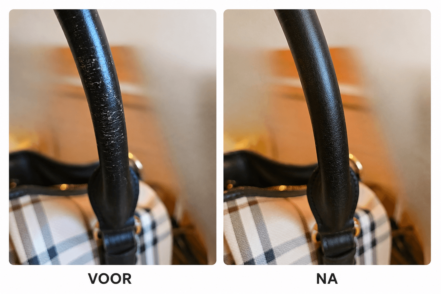 Burberry handvat voor en na lederverzorging